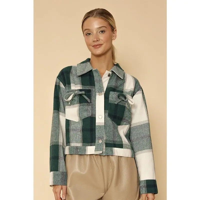 Cropped flannel jacket with bow detailing