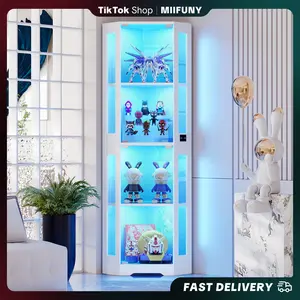 MIIFUNY 65" Corner Glass Display Cabinet with LED Lights, 4-Tier Showcase Display Case with Glass Doors & Human Body Sensor, Curio Cabinet for Collectibles, Figure, Liquor, White
