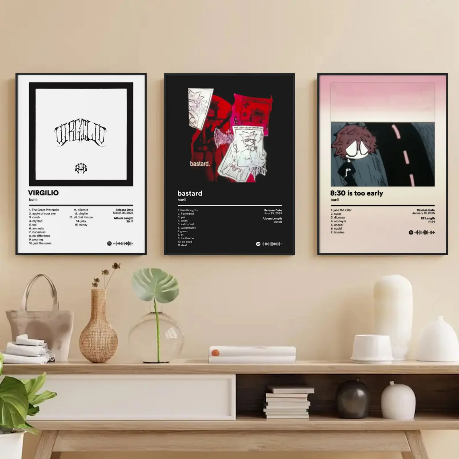 Set 3 Bunii Album Music Cover Poster Underground Digicore Tracklist Art Premium Wall Art Poster Unframed HD Print Home Office Decor Unique Trendy Gift