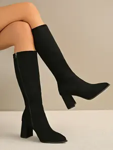 Women's Suede Heeled Knee Boots, Pointed Toe, Square Heel, Side Zipper, Elastic Fabric, Elegant Fashion Shoes for Fall & Winter