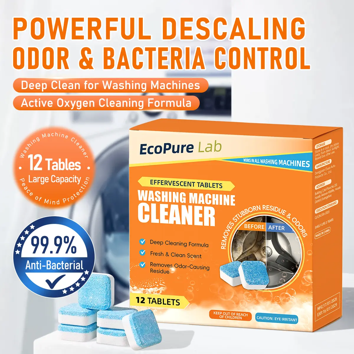 EcoPure Lab Cleaner Pack - Washing Machine Cleaner De-Scalers, Active Water-Soluble Tablets, Odor Neutralizer for HE Front & Top Load Washers, Septic Safe, 12-Month Supply