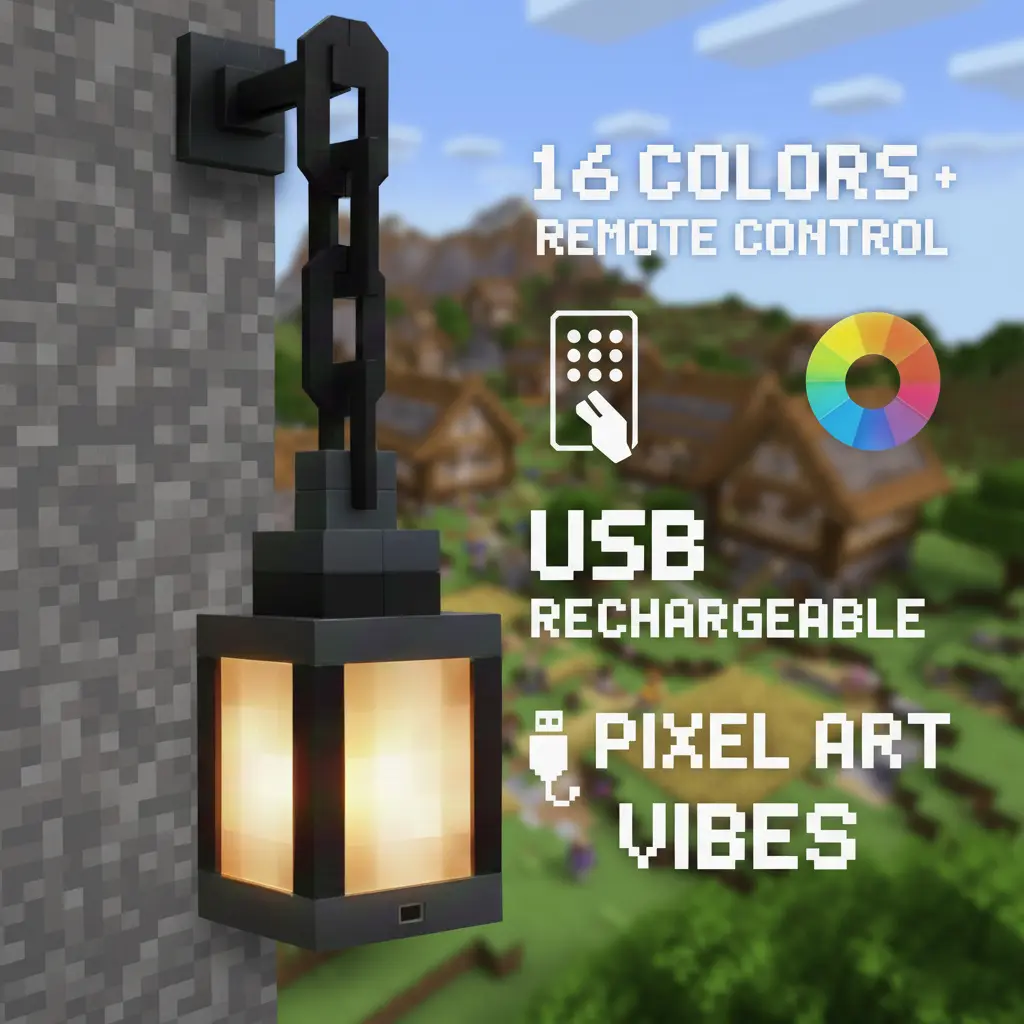DIYCOM Pixel Minecraft Soul Lantern Night Lamp 16 Color RGB Rechargeable Light Remote Control Handmade Design with 3D Printing Four Lighting Modes for Bedroom Gaming Space Decoration Wall Lamp