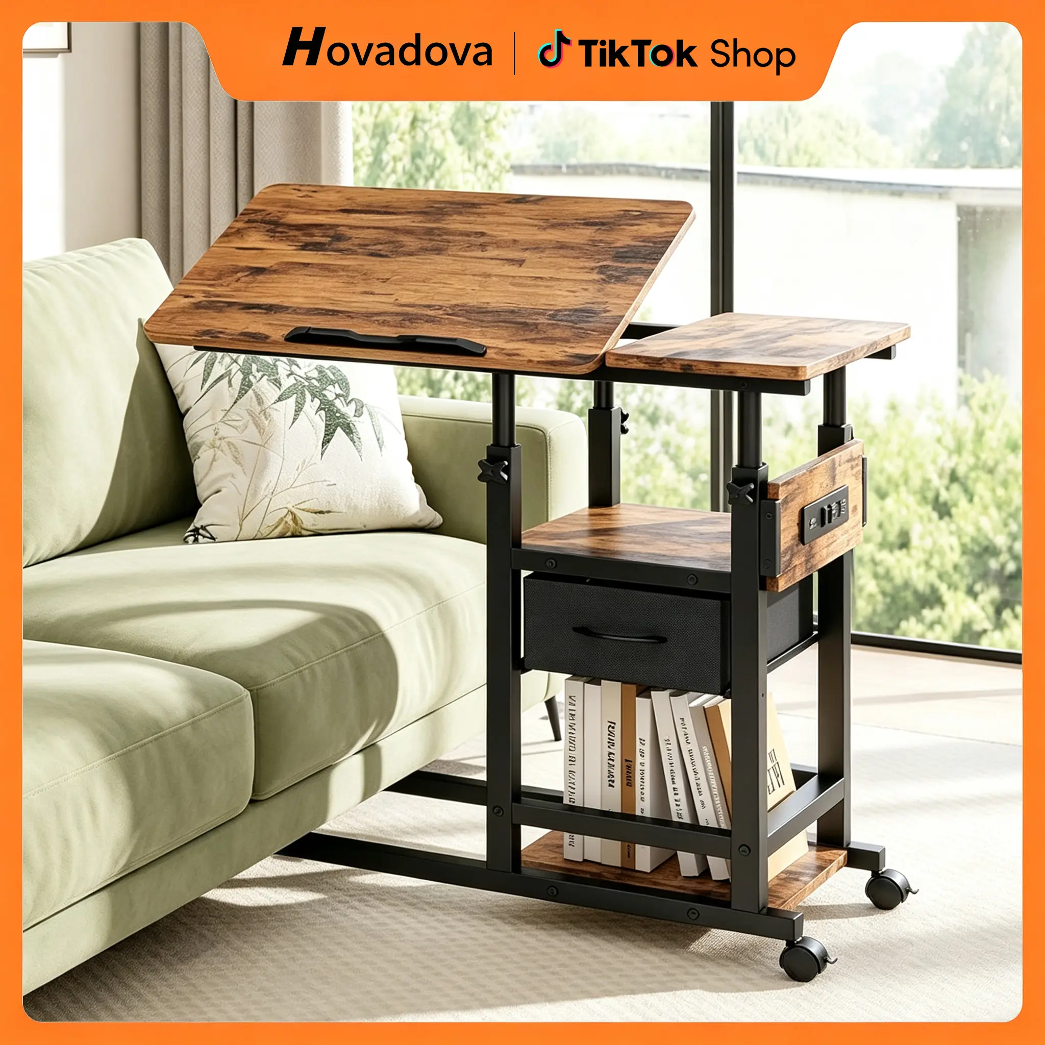 Adjustable C-Shaped Bedside Table with Wheels & Charging Station, Tilting Top, 2-Tier Storage with Drawer, Office Desk Organizer for Beds, Couches