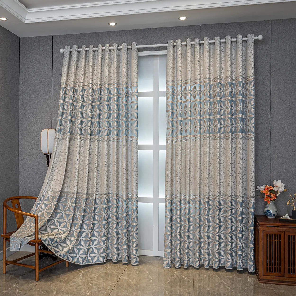 Vintage American 2-Panel Velvet Contrast Translucent Grommet Finished Curtains - Grommet-Top Window Hanging, Home Decorative Curtain for Bedroom, Decor for Living Room, Finished Curtain