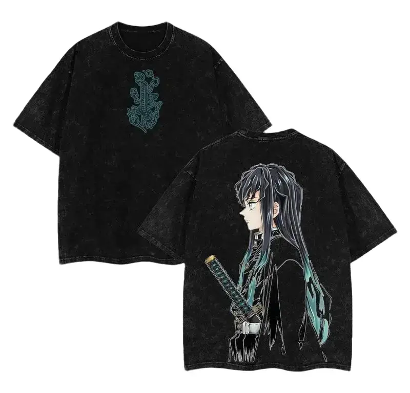 Demon Slayer Muichiro Tokito Anime Shirt Vintage Washed Oversized Heavyweight Cotton Graphic Tee Kimetsu No Yaiba Japanese Streetwear Mist Hashira Retro Y2K Otaku Merch Harajuku Fashion Cosplay Casual Tops Aesthetic Trendy Mens Clothes Gift