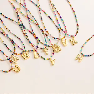 26-letter colorful handmade beaded necklace delicate and cute collarbone chain gift for her gift mom stainless steel Alphabet Detail Pendant