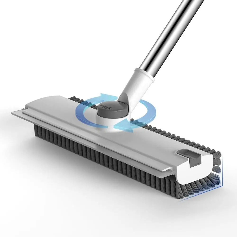 360 Rotatable 3-in-1 Bathtub Floor Scrub Brush Telescopic Stainless Steel Pole Squeegee Included, Tough Rigid Bristle Scrubber, Daily Household Cleaning Gear for Bathroom Patio Garage Kitchen Wall Pool Deck White&Grey
