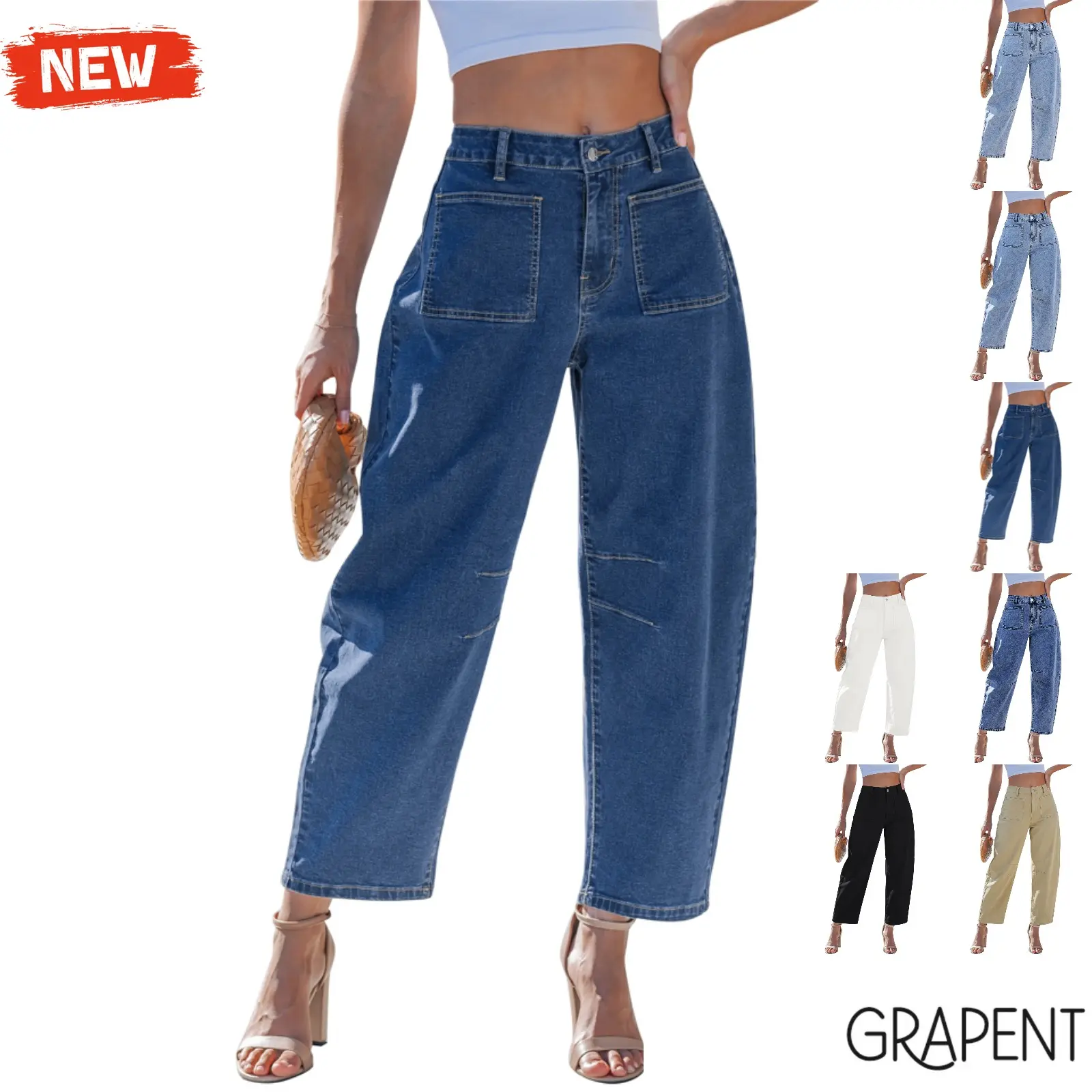 GRAPENT Women's High-Waisted Stretchy Cotton Denim Barrel Jeans - Relaxed Fit, Utility Patch Pockets, Above-Ankle Cut, Casual Fashion Denim Bottoms, Jeans for Women, High Waisted Denim