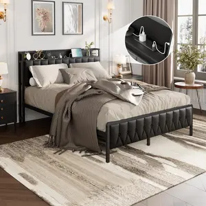 Bed Frame with Charging Station, Faux Leather Headboard & & Footboard, No Box Spring