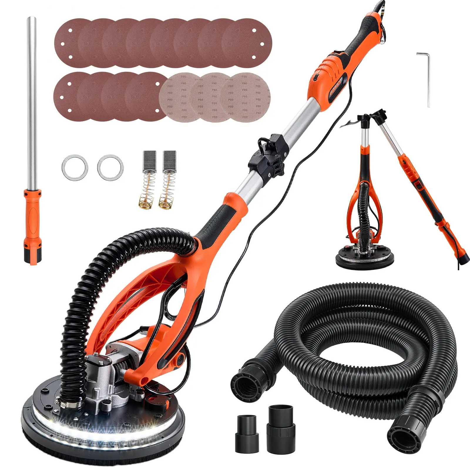 VEVOR 850W 1.1 hp Electric Drywall Sander with 8.5 in Discs, 360° Rotating Head, 5-Speed Control, Double-Deck LED Lights, Foldable-Extendable Grip, 15 Sanding Discs, Dust Hose, Extendable Table, 10.52 lbs for DIY Projects & Concrete Floors