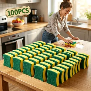 100-Pack Dual-Sided Kitchen Cleaning Sponges, Eco-Friendly Non-Scratch Material, Safe & Healthy for Powerful Oil Removal and Utensil Cleaning