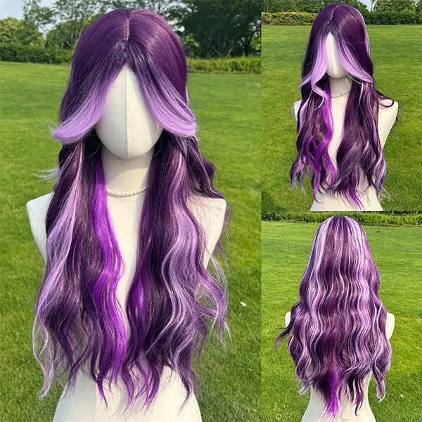 SMILCO/28Inch Highlight Light Purple/Green Long Wavy with Bangs Synthetic Wig for Women/cos /SM418