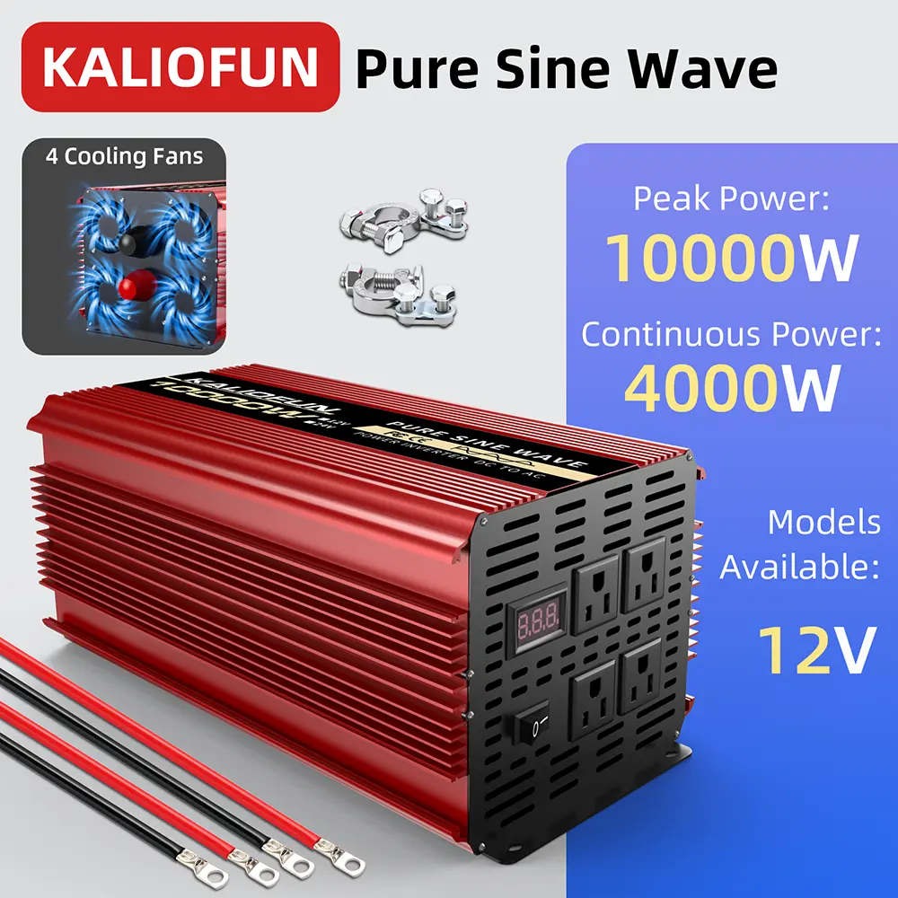 KALIOFUN 10000W Pure Sine Wave Inverter - DC 12V to AC 110V, LED Display Screen, 4 US Outlets, Overload Safe, Off Grid Solar & Wind Power Supply for Home Emergency, Camping