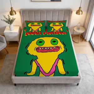 Set Of 3 Tooth Monster Pattern Fitted Sheets, Comfort Print Pattern, Includes 1 Flat Sheet And 2 Pillowcases, Comfortable Bedding, Anti-Slip Dust Cover For Bedroom And Guest Room