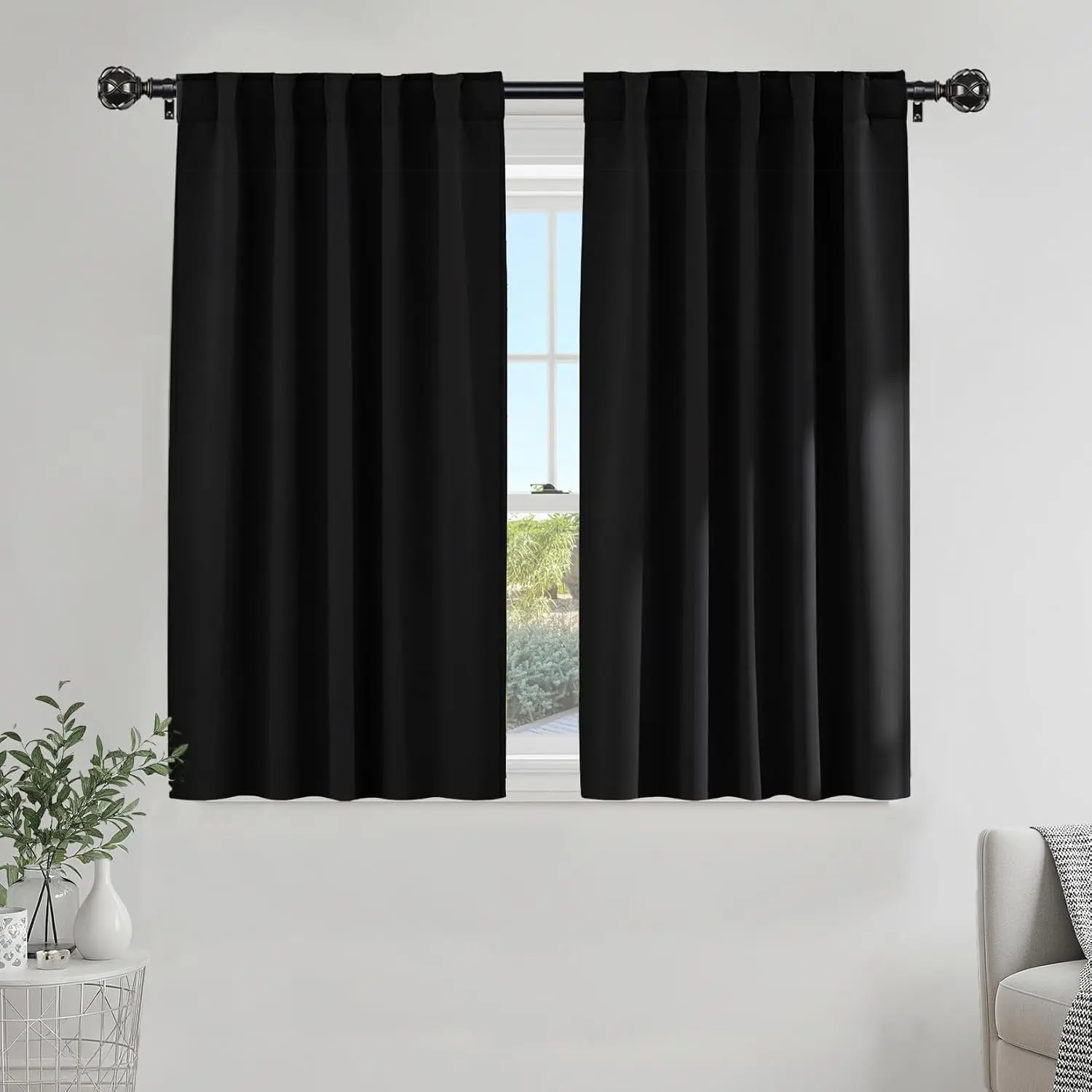 Heavy Duty Triple Weave Blackout Modern Soundproof Curtains - Dual Header Back Tab/Rod Draperies, Privacy Focus, Draft Insulating, Thermal, Audibility Reduction, 52w x 45l (2 Panels), Black