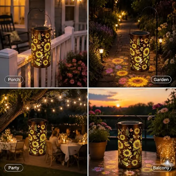 Solar Sunflower Cutout Projection Lantern, Waterproof Metal Hanging Lantern with Auto On-Off Warm LED Solar Light for Outdoor Garden Patio Decor