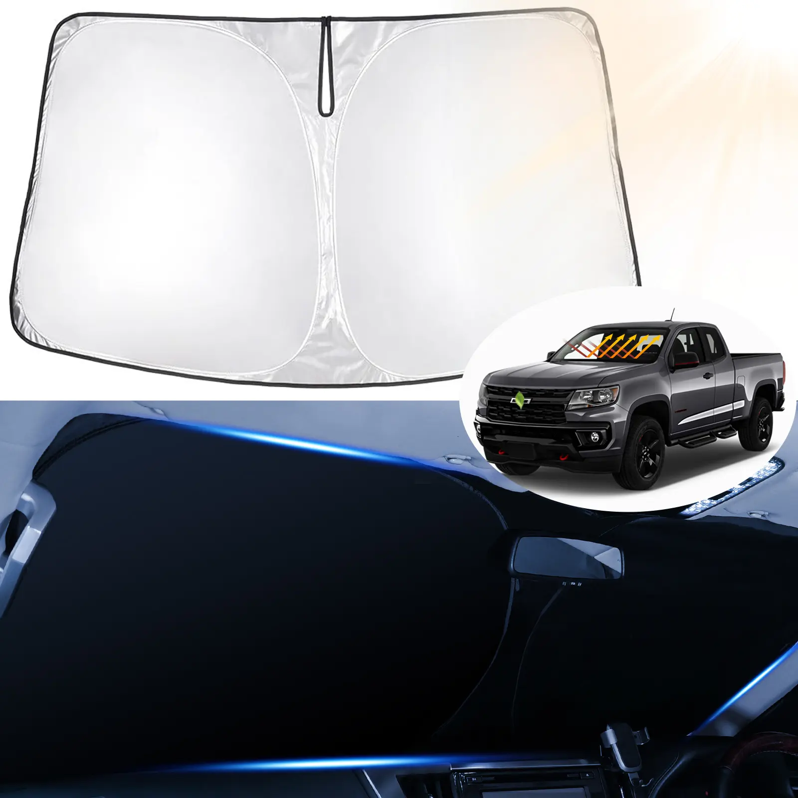 Canvcle Custom Fit Exterior Car Windscreen Shade Cover - 2015-2026 Chevrolet Colorado/GMC Canyon, 240T 5-Layer Foldable Front Window Sunshade, UV-Protective (Blocks 99% UV Rays), Quick Setup, Boosts AC Performance, Ideal for Travel & Naps, Uv Protective S