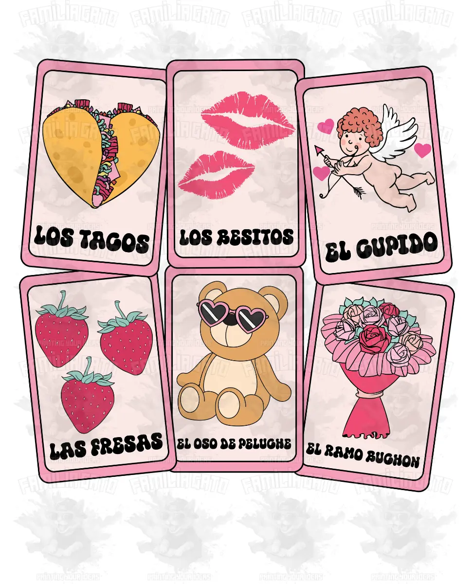 Valentine's Day Hispanic Mexican DTF Transfer - Tacos, Besitos, Cupido Themed Cards, Customizable, Durable, Hot Peel, Medium to Firm Pressure at 280°F