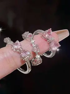Bow & Heart Design Rhinestone Decorated Ring, for Women & Girls, Casual Jewelry for Party, Daily Clothing Decor, Birthday Gift, Fashion Heart Rings
