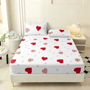 3pc Valentine's Day Heart Fitted Sheet Set, Bedding Set, Decorative bedsheet sets, 25cm deep pockets, includes 1 fitted sheet and 2 pillowcases, available in single, double, and king sizes, holiday gift for friends, suitable for bedrooms and hotels