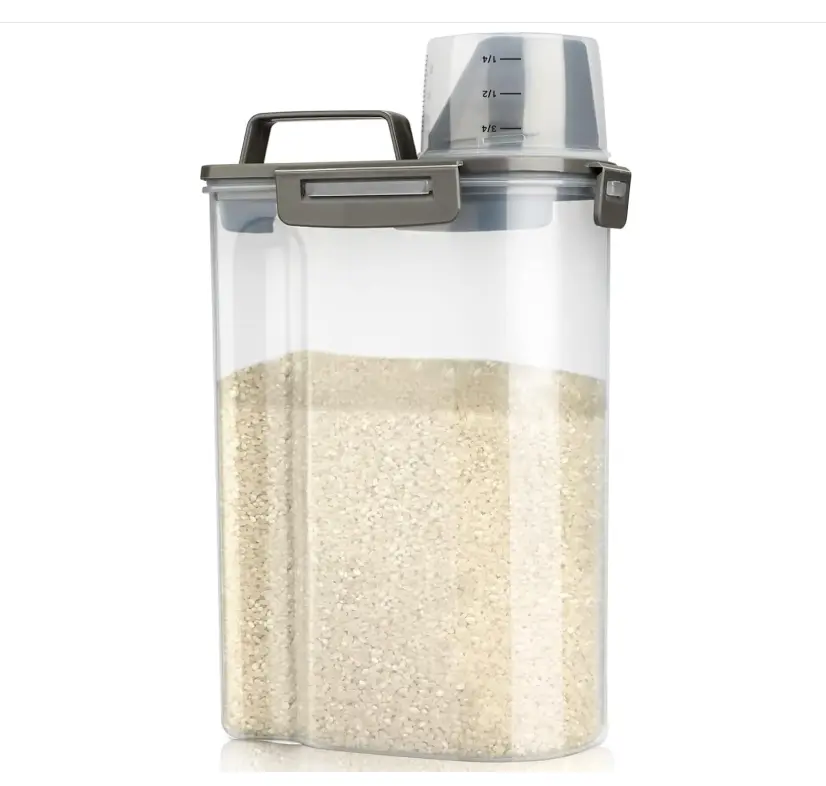 Viretec Rice Airtight Storage Container, 3 to 5Lbs Cereal Dry Food Flour Bin, Pet Dog Cat Food Dispenser with Measuring Cup, BPA Free Clear Plastic Kitchen and Pantry Organization Bin for Sugar
