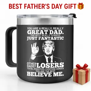 Father's Day Gifts 14 Oz Coffee Mug with Handle and Lid, Stainless Steel Insulated Black Trump Mug Cup,Reusable Washable Drinkware Tumbler for Dad (Gifts from Daughter/Son for Father's Day, Happy Birthday),Gag Gifts for Dad