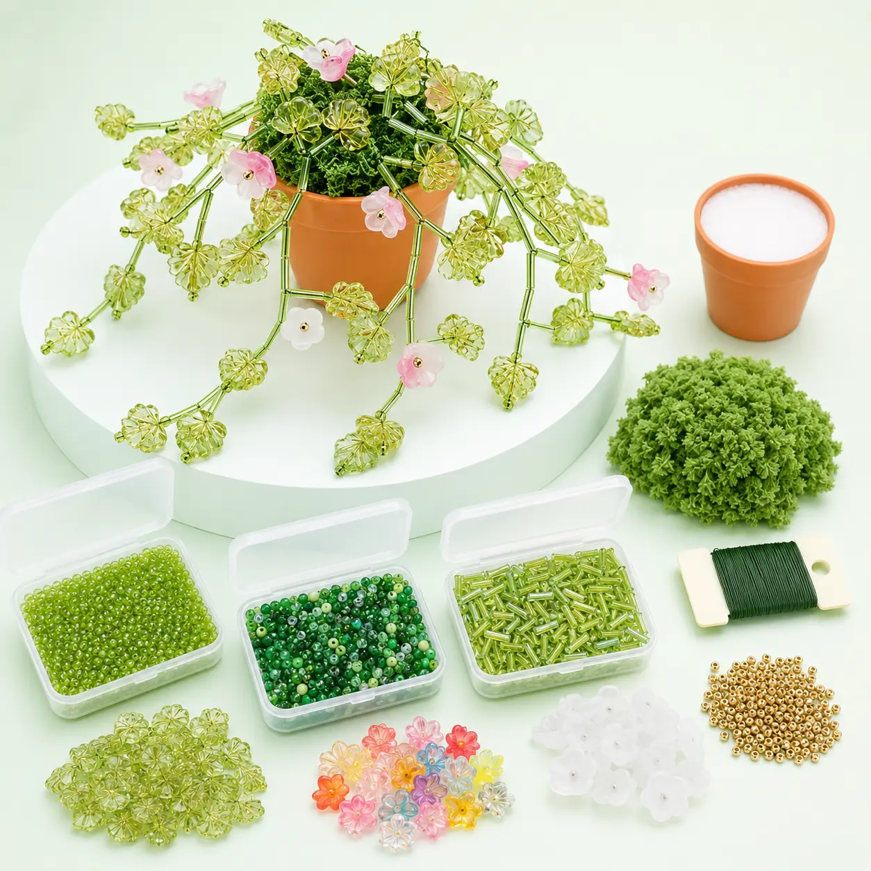 Green Mini DIY Beaded Plant Kit, Acrylic Leaf and Flower Beads with Seed Beads, Wire, 2 Mini Pots and Moss for Handmade Potted Plant Crafts and Desk Decor supply
