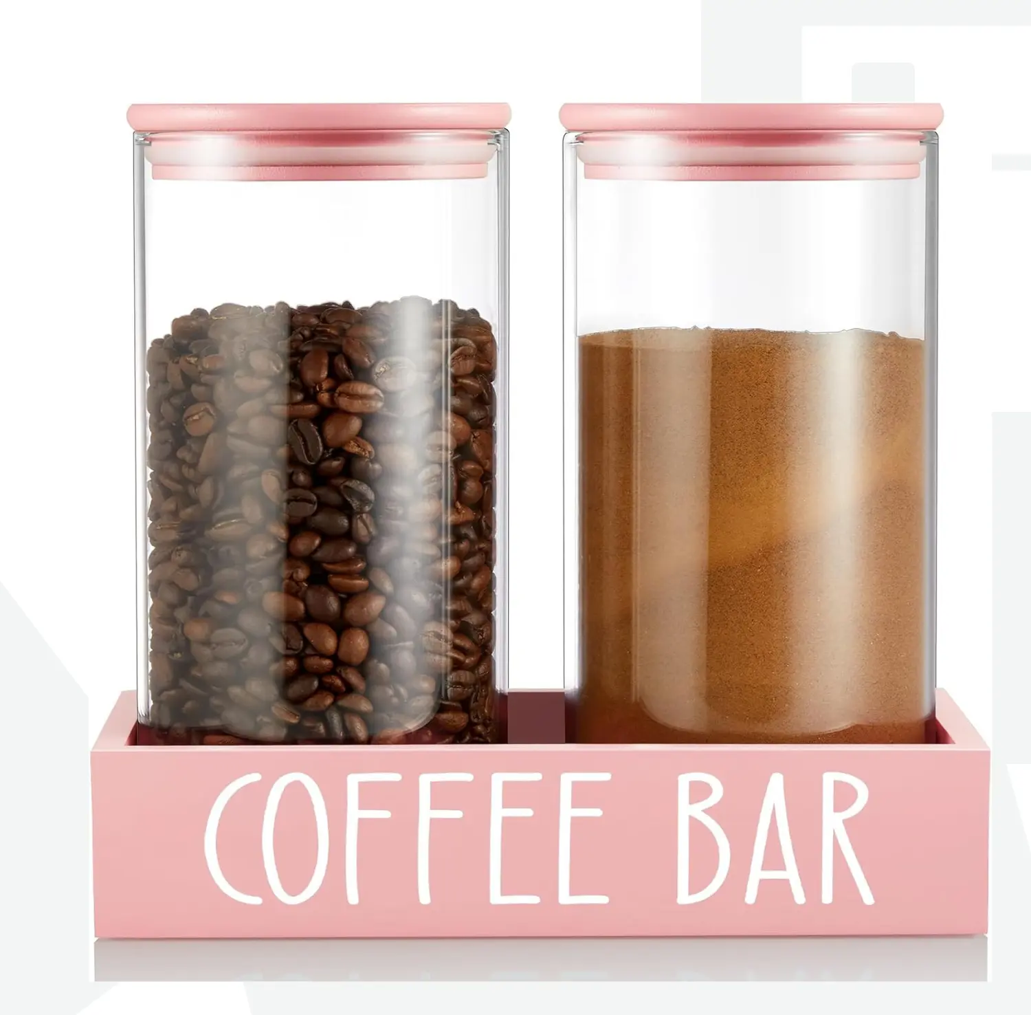 Pink Coffee Canister for Ground Coffee 2 Pack 45oz Glass Sugar Container Set with Airtight Lids and Tray