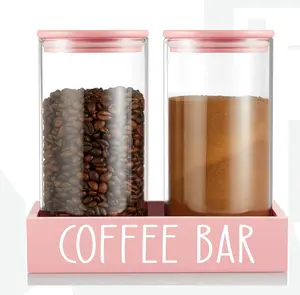 Pink Coffee Canister for Ground Coffee 2 Pack 45oz Glass Sugar Container Set with Airtight Lids and Tray
