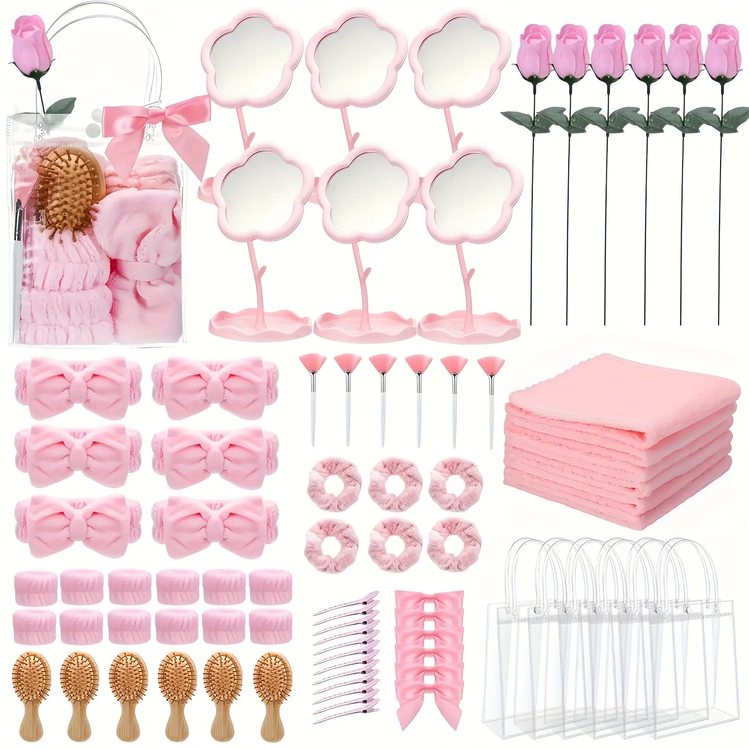 48/78pcs Spa Party Supplies 6Sets Sleepover Party Gift with Wooden Hair Brush Mirror Headband Pink Spa Self Care Gift Set | Complete Beauty Favor Kit For Bridal Shower, Girls Birthday Party