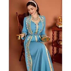 1pc Elegant Lake Blue Women'S Dress with Handmade Rhinestone Embellishments - Long Sleeve, Belted Waist, Flowing A-Line Silhouette, Perfect for Spring/Summer Casual or Formal Occasions, Formal Attire| Belted Waist Dress| Rhinestone Embellishments, Dress