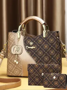 Trendy New Colorblock Fashion Handbag, Large Capacity Shoulder Crossbody Bag Set, Women's Stylish Print Three-Piece Set