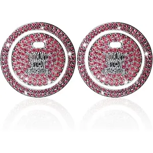 Bling Crystal Car Engine Start Ring Sticker, Sparkling Rhinestone Push Start Button Decorative Cover, Anti-Scratch Key Ignition & Knob Bling Ring Car Interior Accessories for Women (2PCS Pink)