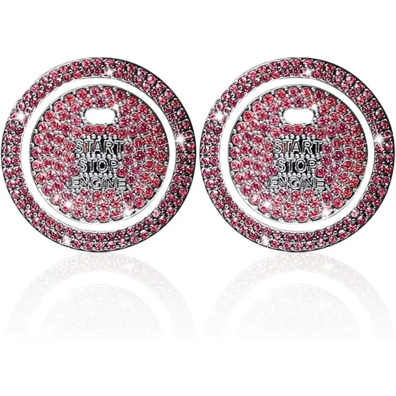 Women's 2PCS Pink Bling ab Diamond-Inlaid Crystal Car Engine Start Ring Stickers - 1.52x1.52 in, 1.1 in, Non-Toxic Rhinestone Decor, Anti-Scratch Easy-Install Cover for Push Start Button/Knob, Universal for Most Cars Interior Accessory