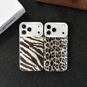 Textured Zebra & Leopard Pattern 3D Rhinestone Edge Frame Phone Case for iPhone 17/16/15 Pro Max Stylish Protective Cover with Unique Design Smartphone Cellphone