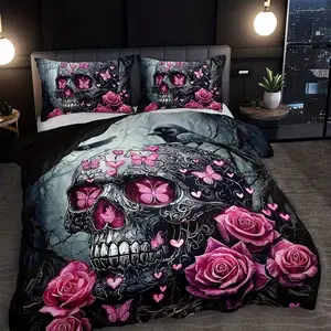 2D Print Skull & Floral Pattern, 100% Polyester Soft Breathable Fabric, All Seasons, Bedroom Decor, Decorative Bedding Set