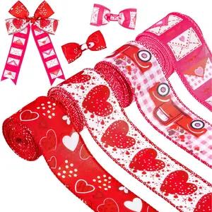 Valentine's Day Wired Edge Ribbon 26.4 Yards Heart Truck Patterned Craft Ribbon Red Pink Wrapping Ribbons for Valentine's Day Wedding Anniversary Birthday Wreath Floral Bows Craft, 4 Rolls