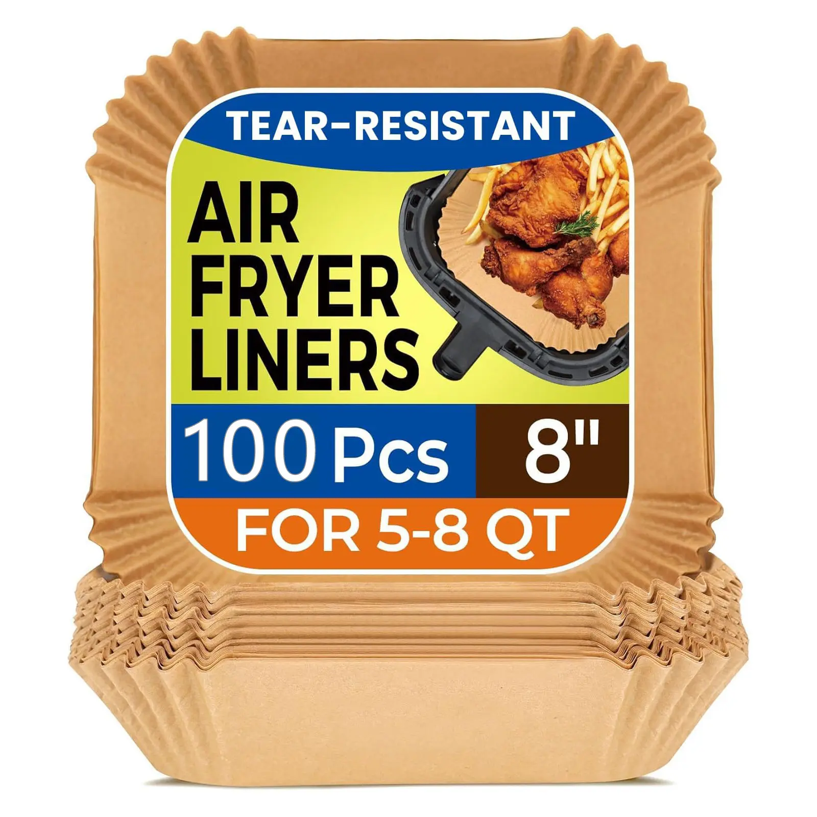 Air Fryer Liners Disposable, 100Pcs 8" Square [Food Grade Material] Unbleached Parchment Paper Liners Non-Stick & Waterproof Oilproof for 5-8 QT Airfryer Basket, Baking, Roasting Microwave, Oven