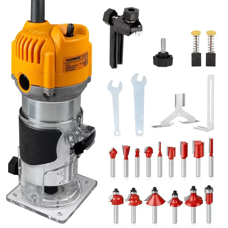 HANWISE Compact Wood Router, Professional & DIY Power Tools with Slotting Trim, Edging, Carving Functions, Transparent Base, Guide Rail, Wrench for Beginners & Pros