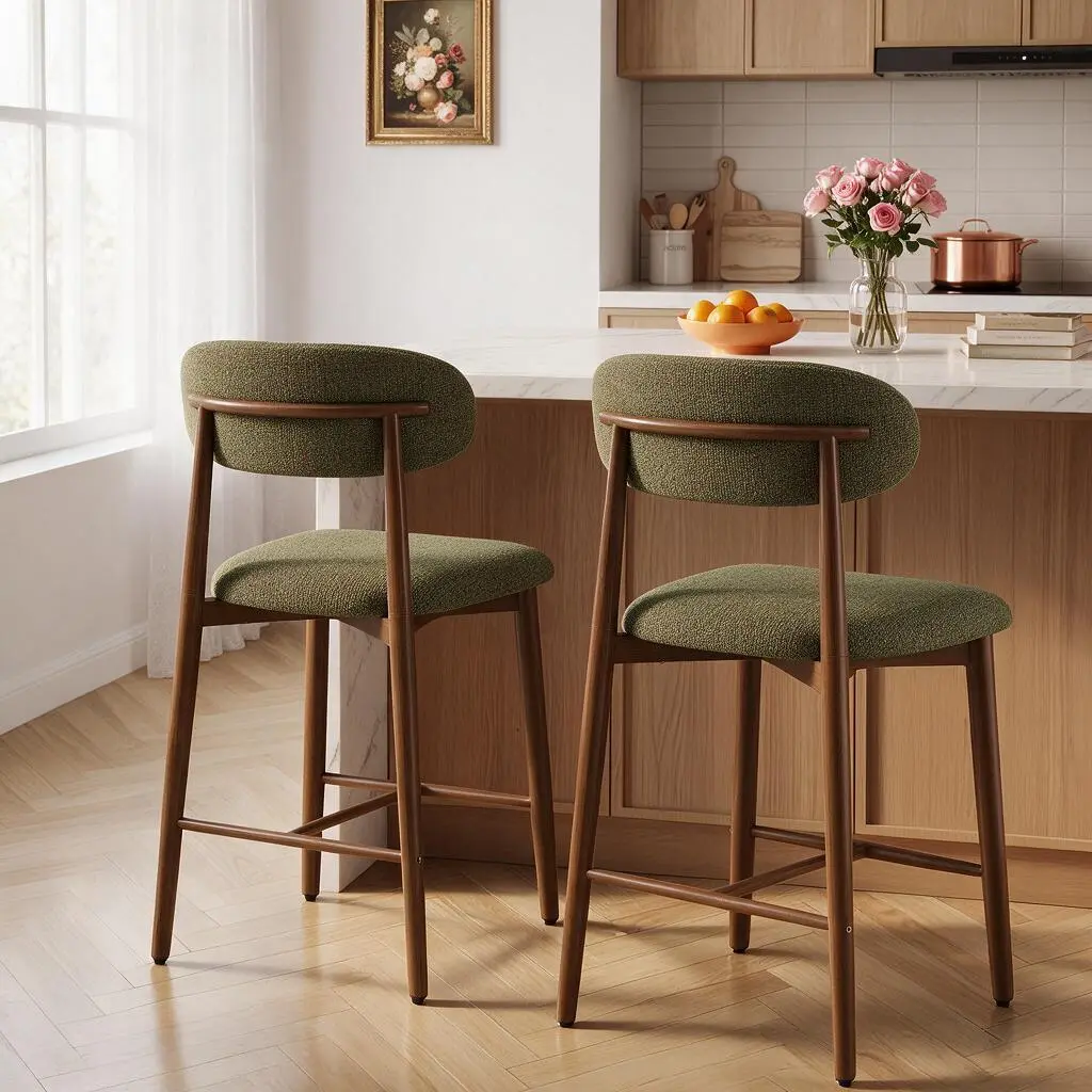 Modern Counter Height Bar Stools with Back, Upholstered Fabric Barstools 26.3 Inch, Comfortable Padded Kitchen Island Chairs with Metal Legs & Footrest, Set of 2