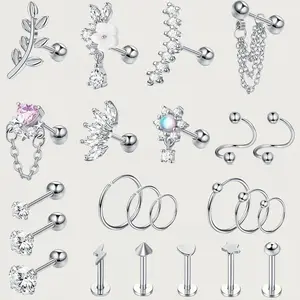 Cartilage Earring 23PCS Women's Piercing Earrings Collection Hoop Earrings Set Surgical Steel Hypoallergenic Flat Back Cartilage Studs Dainty Conch Helix Tragus Earrings Nose Studs Labret Lip Rings Versatile Stainless Steel Push-in Fashion Jewelry