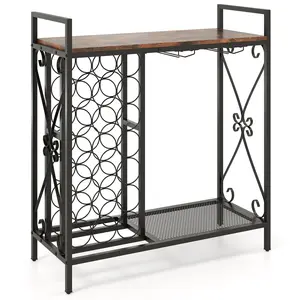 COSTWAY - 21 Bottle Wine Rack Freestanding Floor Wine Bottle Organizer with Glass Holder-Rustic Brown