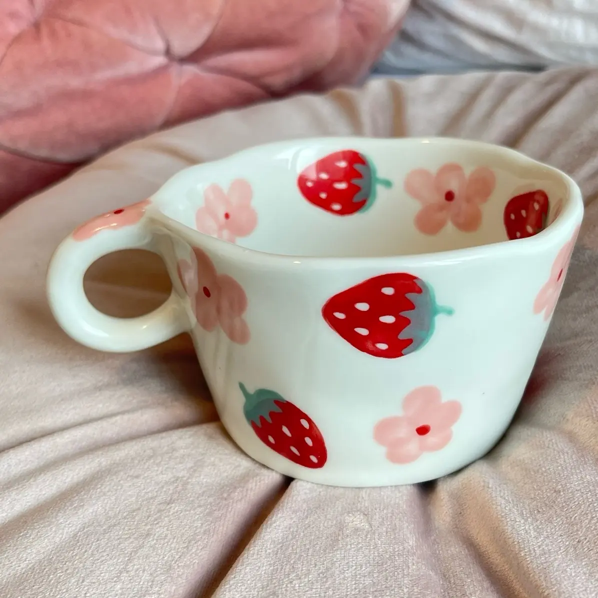 Nabila Co Hand-Painted Strawberry Porcelain Coffee Cup Cutesy Demure Aesthetic Tea