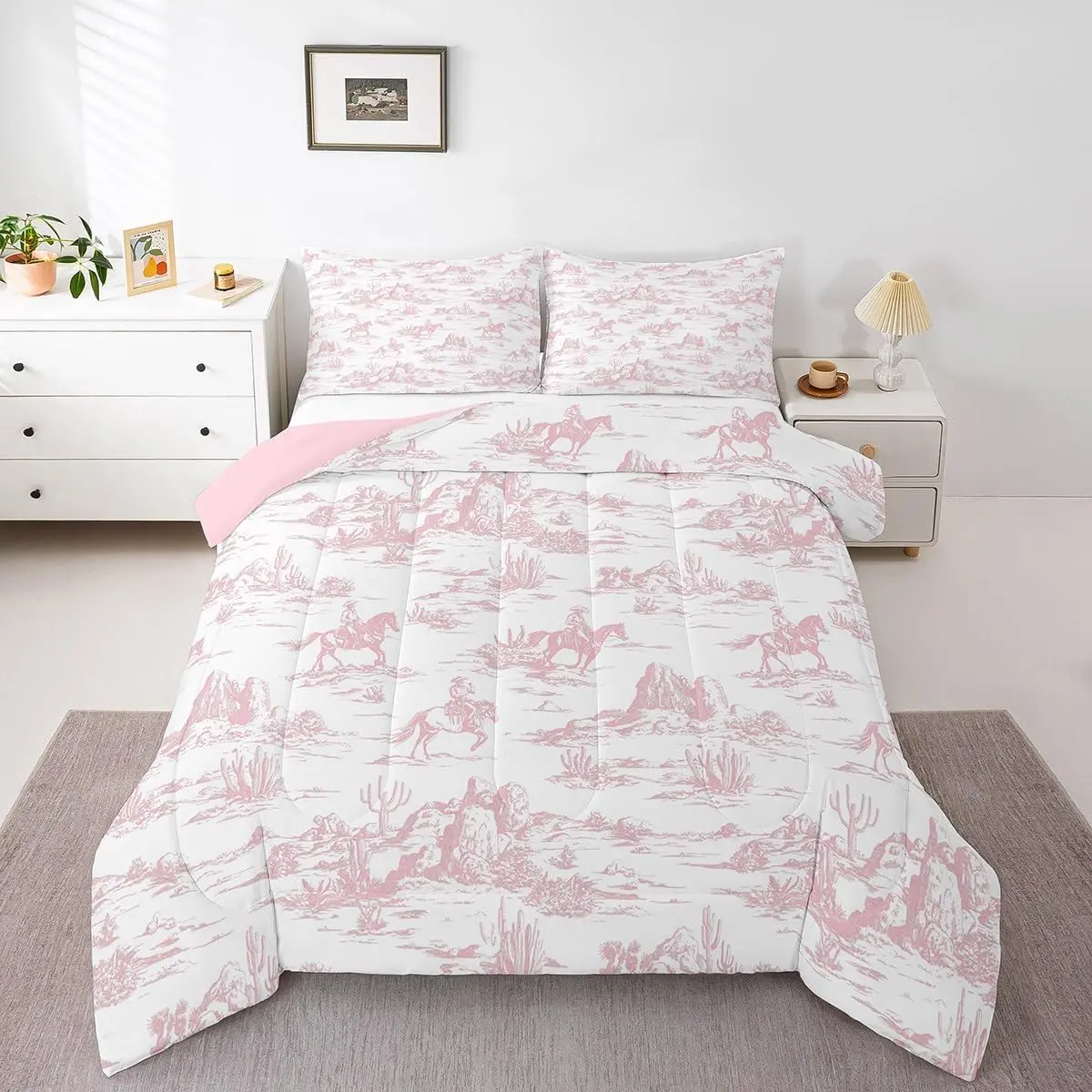 Pink Cowgirl Comforter Set,Vintage Western Cowgirl Quilted Horse Desert Bedding Set,Lightweight Soft Breathable Bedding