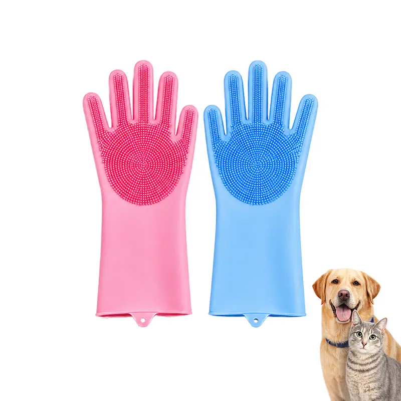 Pet Grooming Gloves - 2-in-1 Double-Sided Silicone Dog & Puppy Bath Accessories, Heat-Resistant, High-Density Teeth, 5-Finger Design, Durable Safe Materials, 1 Size, Secure Fit, Wash+Massage, Scratch-Free Scrub, Deep Care (Blue Pink)
