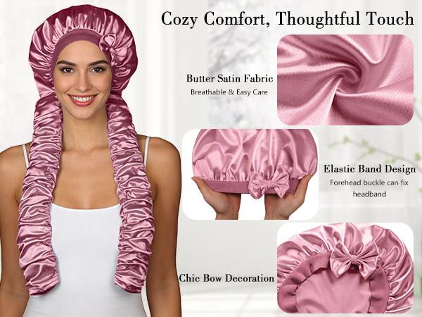 SeSe Code Extra Long Pleated Side Bands Satin Sleep Bonnet, Elastic Non-slip Hair Care Styling Cap