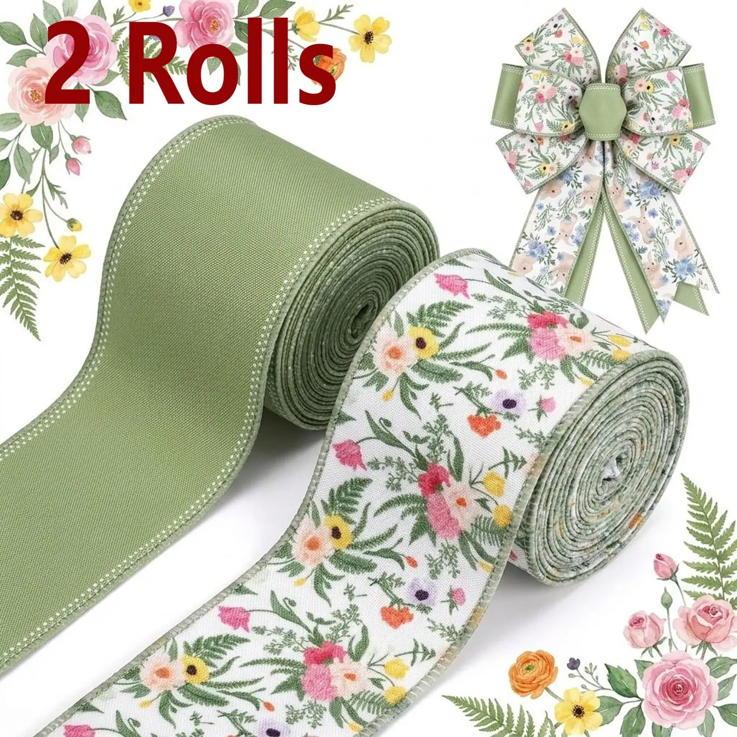 2 Rolls, 5Yard Green Wildflowers Wired Edge continuous Decorative Ribbon for Summer Mother's Day Wreath Bow Making DIY Wrapping Party Decor Supplies