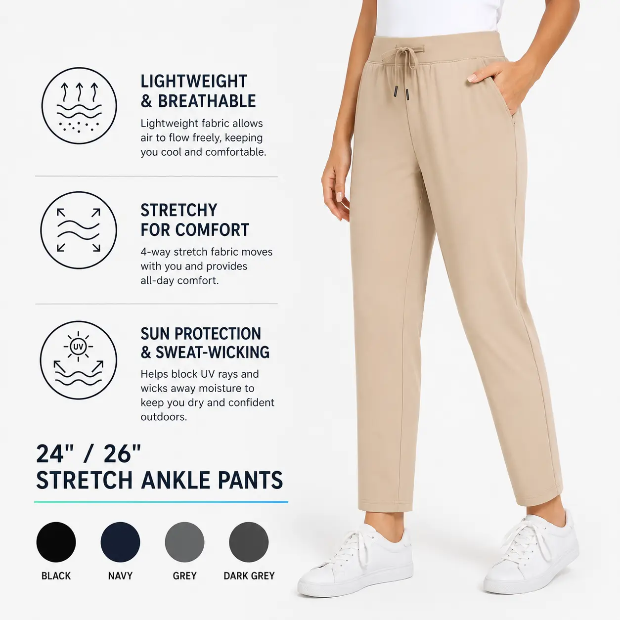 [Summer Must Have] IESOCO Petite Pants for Women 24"/26" Cooling Lightweight, Breathable, Soft Ankle Pants with No-Dig Waistband, UPF, Stretch, Silky Slim Straight Leg Bottoms for Golf, Travel & Work