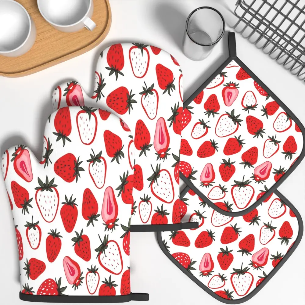 4pcs Oven Mitts And Pot Holders  Cute Strawberry Heat Resistant Insulated Oven Mitts And Pot Holders Sets Kitchenware Bakeware Suitable For Cooking, Home Oven, Baking, Kitchen Decoration, Housewarming Gifts