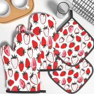 4pcs Oven Mitts And Pot Holders  Strawberry Heat Resistant Insulated Oven Mitts And Pot Holders Sets Suitable For Cooking, Home Oven, Baking, Kitchen Decoration, Housewarming Gifts